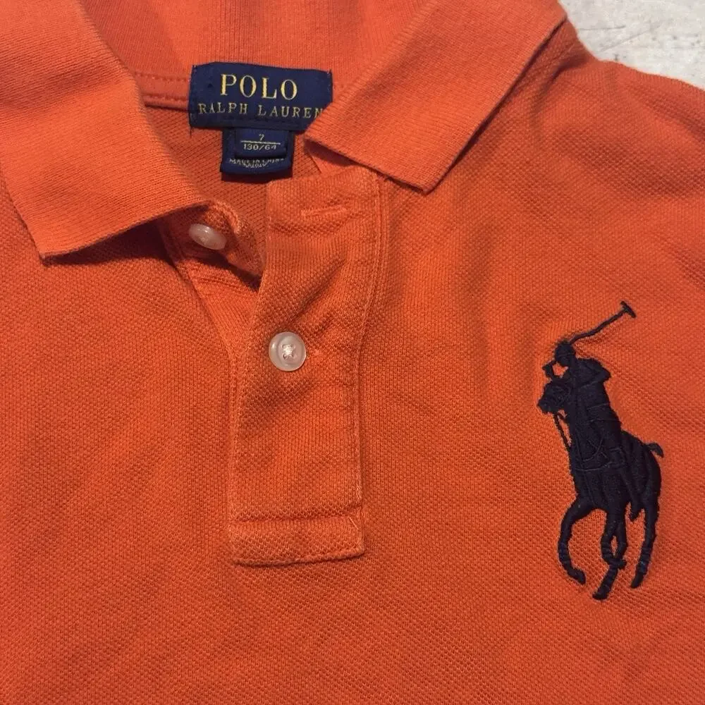 Polo Ralph Lauren Polo Shirt Boys 7 Orange Long Sleeve Rugby Big Pony 3 Patch